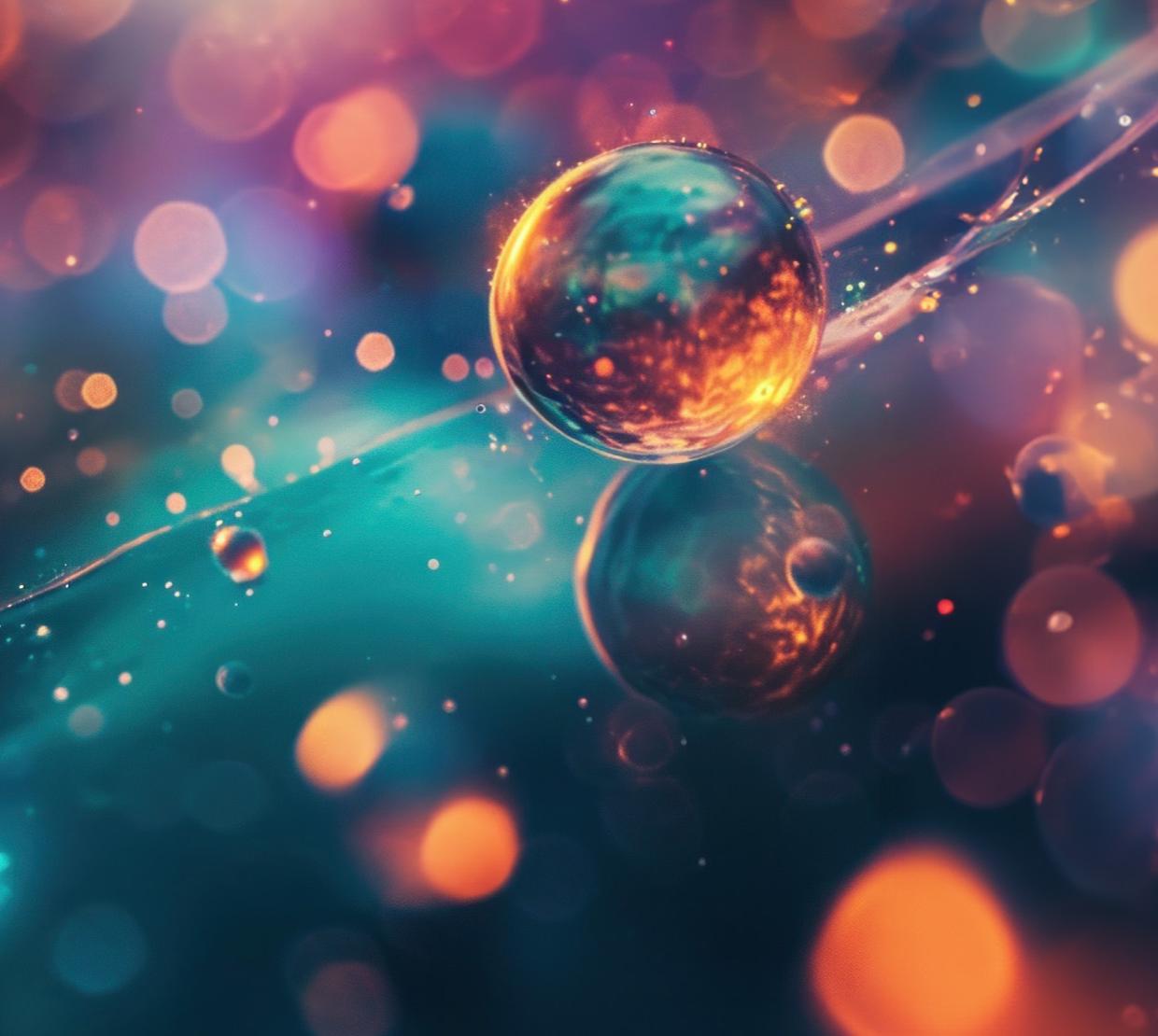 Conceptual illustration of helium droplets interacting with polarizing lasers.